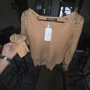 Tan Lace Sleeve Women's Sweater